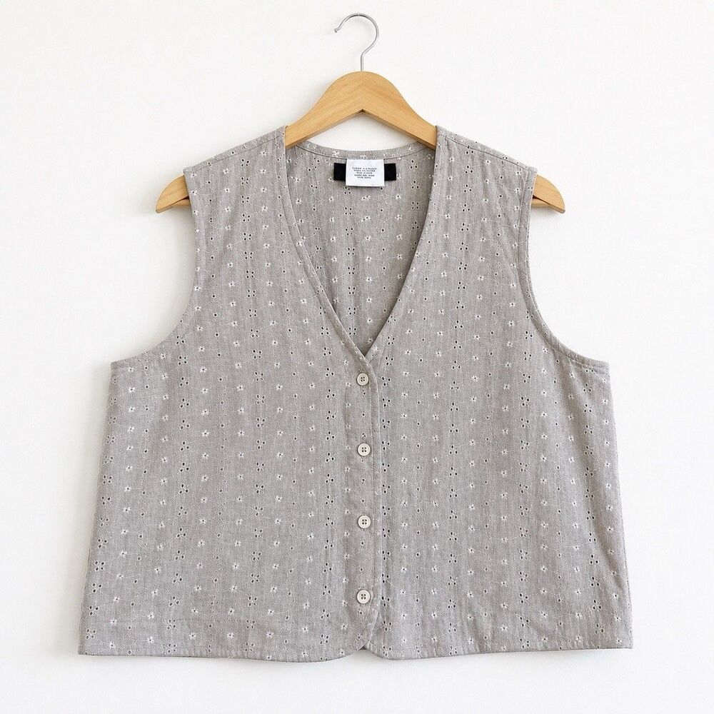 Orvis XL 100% Linen Eyelet Button Front Vest Beige Made USA Cottagecore